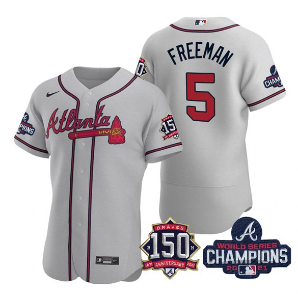Men's Atlanta Braves #5 Freddie Freeman 2021 Grey World Series Champions With 150th Anniversary Flex Base Stitched Jersey Men's Atlanta Braves #5 Freddie Freeman 2021 Grey World Series Champions With 150th Anniversary Flex Base Stitched Jersey